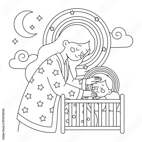  Enchantment is shared as a magical mother watches over her sleeping baby in this sweet coloring page