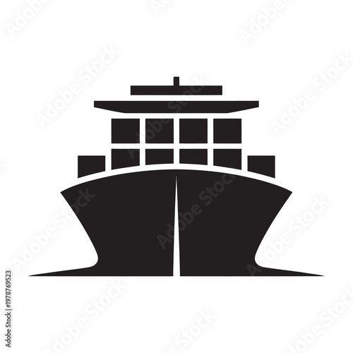 Front view of container ship icon in black on white background, cargo vessel.