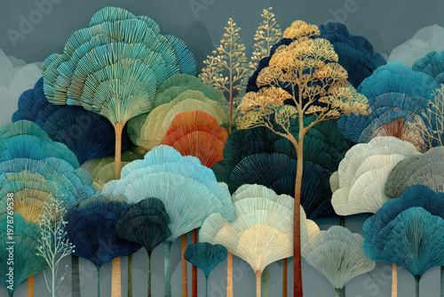 Stylized paper cut forest landscape with layered trees decorative nature illustration