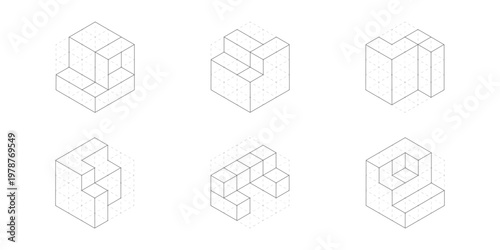Set of isometric figures. Architectural cubes, blocks. Engineering figures for construction. Vector illustration.