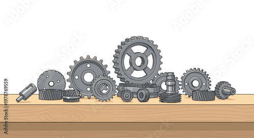 A diverse collection of precision engineered silver metal gears are displayed neatly across the surface of a wooden workbench under soft warm indoor light.