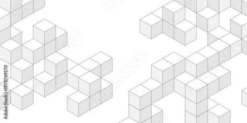 Isometric cubes. Linear geometric drawing. Abstract white background from cubes and lines. Vector illustration.