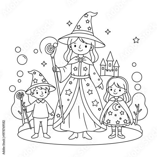 Wizard family with magic wands and castle in fantasy scene coloring page