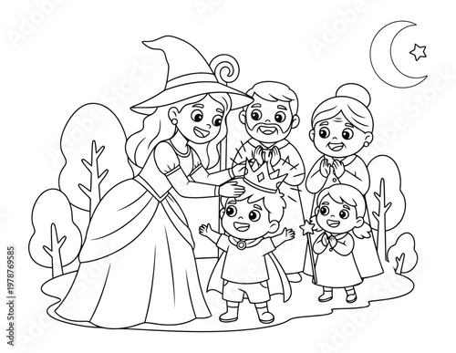 Wizard princess crowning child with family in magical night scene coloring page