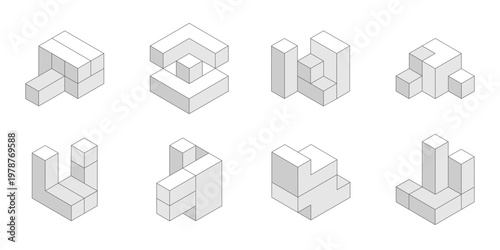 Engineering construction. Architectural project . Set of isometric figures. Vector illustration.