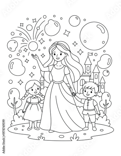 Princess mother with children and magical bubbles in castle scene coloring page