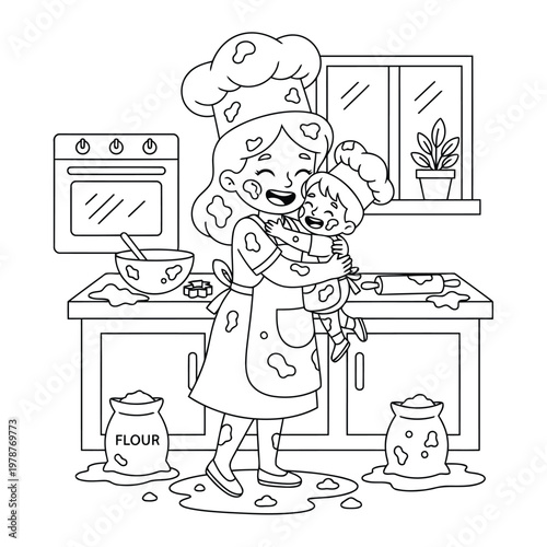 Chef mother hugging her son while messy baking in the kitchen for a creative and fun kids coloring page