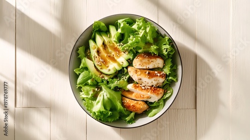 Healthy fresh salad with grilled chicken, vibrant greens, nutritious vegetables, and balanced diet ingredients for wholesome meal options