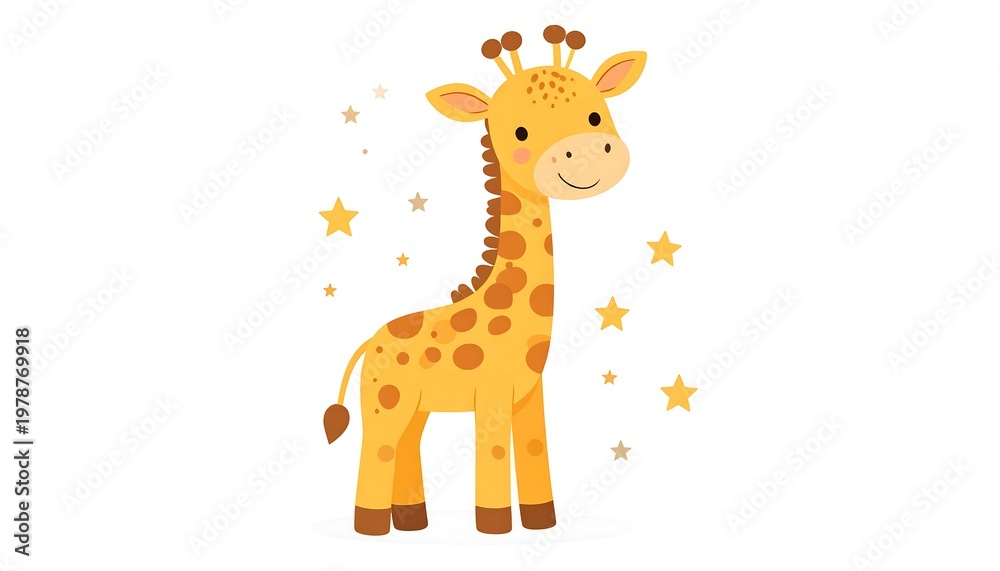 Fototapeta premium Cute cartoon giraffe standing tall with stars around it.