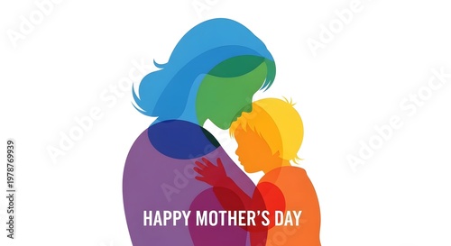 Happy Mother's Day colorful vector silhouette of mother and child embrace concept
