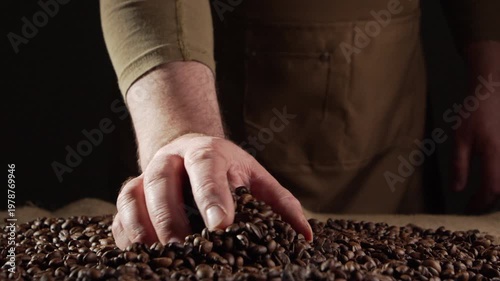 Concept of Coffee production industry. barista hands hold fresh brown beans on the table