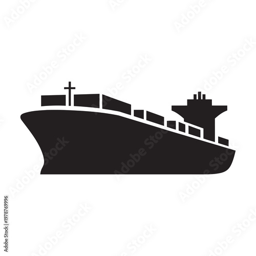 Cargo ship silhouette sailing for global international logistics icon.