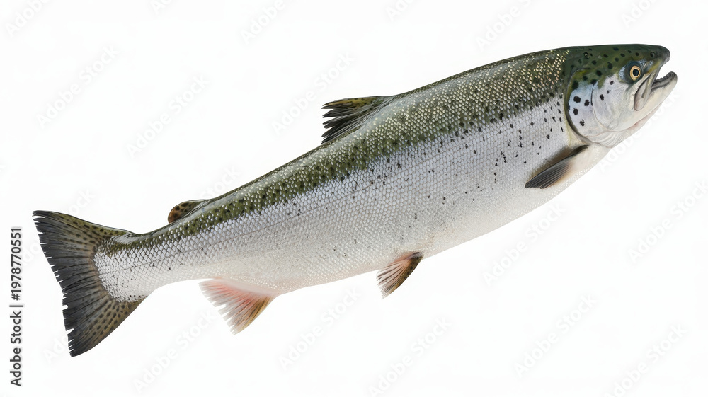 Obraz premium Fresh raw atlantic salmon fish isolated on a white background, showing scales and, silver skin