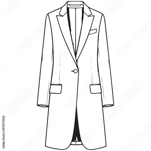 Tailored long overcoat fashion technical sketch vector illustration for apparel design and garment manufacturing