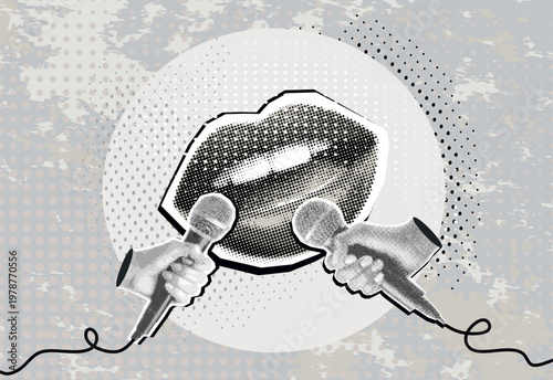 Trendy Halftone Collage Journalist's mouth screams into microphone. Social media interview. Daily news. Reporter with audio equipment. Press conference. Contemporary vector illustration art