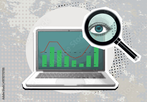 Trendy Halftone Collage Magnifying glass with eye and sales graph on laptop. Modern collage design. Successful business performance. Financial success. Business data graph. Achieving high results
