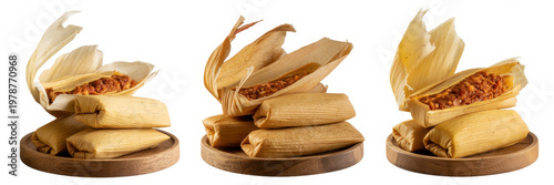 Three wooden plates featuring traditional mexican tamales isolated on a white background