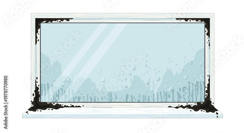 A white wooden window frame displays extensive black mold growth in the corners while thick condensation droplets cover the entire surface of the glass.