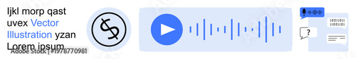 Financial technology, communication, digital interaction, podcasts, audio processing, online services. Icons include a dollar sign, audio waveform speech bubble and chat box. Financial technology