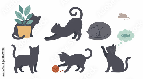 Set of various cute cat silhouettes in different poses and activities