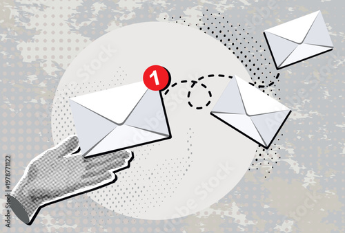 Retro Halftone Collage hand and envelope e-mail list building illustration. Vintage halftone dotted effect retro collage cut-out element. Modern photo collage