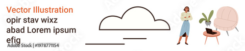 Cloud storage, workplace setup, interior design, digital workspace, minimalist decor, modern technology. A cloud icon with a woman near a chair, table and plant. Cloud storage and workplace setup