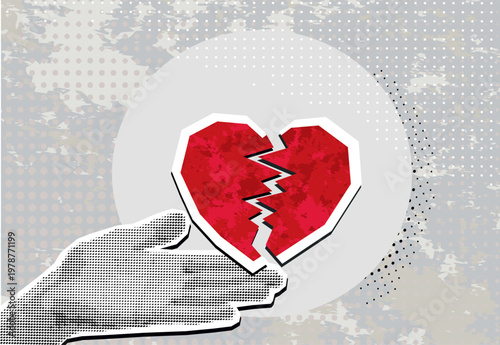 Title: Trendy halftone collage with Hands holding a red broken heart. Modern collage style. Vector
