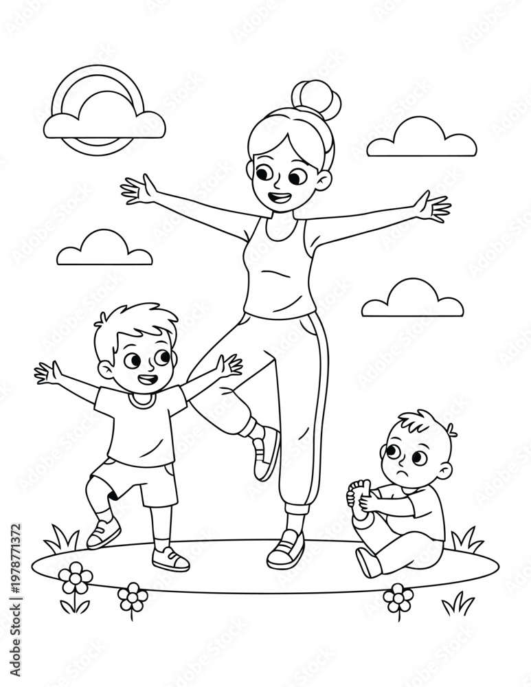 Fototapeta premium Kids exercise activity with mother doing fun outdoor workout together in park coloring page