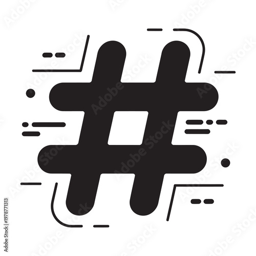Hashtag symbol with abstract elements lines dots and arrows.