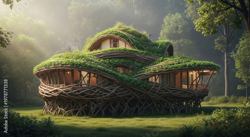 Fantasy cottage covered in greenery amidst a forest landscape