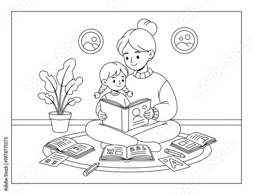 Mother reading book with child learning together at home study time scene coloring page