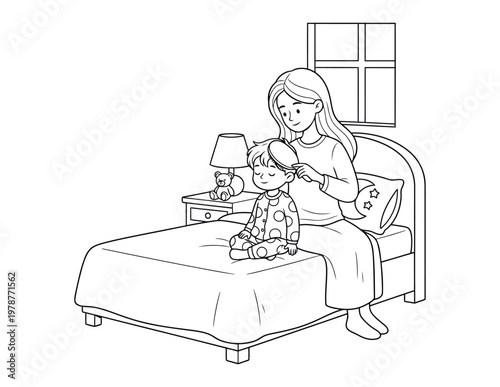 Bedtime routine showing a mother brushing her young son hair in the bedroom for a cute coloring page
