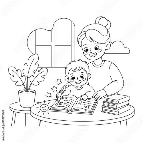 Homework activity where a mother helps her young son with his school lessons in a kids coloring page