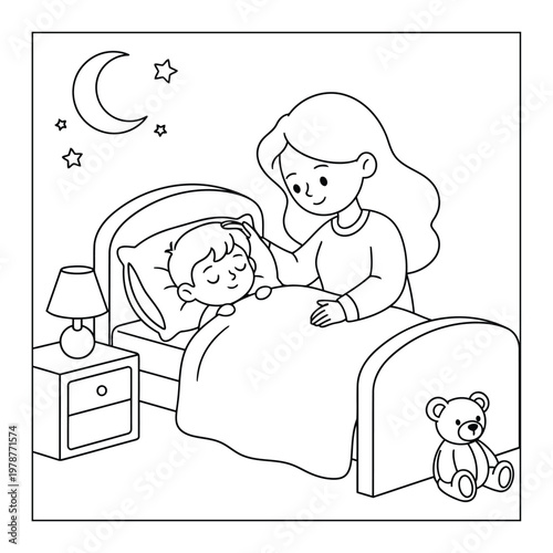 Bedtime story with a mother tucking her young son into bed at night for a sweet kids coloring page