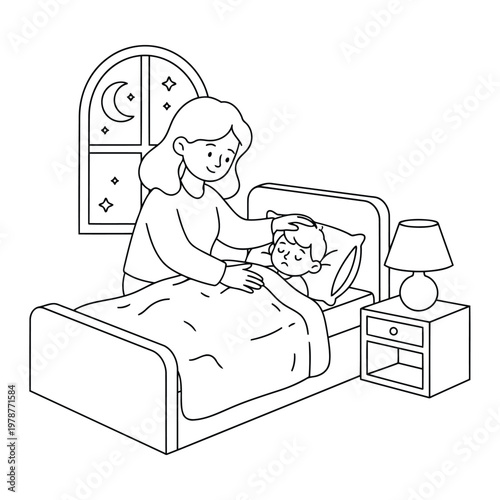 Bedtime story with a mother tucking her young son into bed at night in a sweet kids coloring page