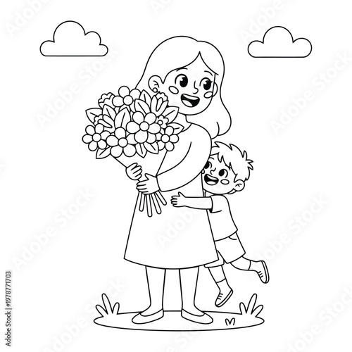 Mother holding bouquet of flowers while child hugs happily in outdoor love scene coloring page