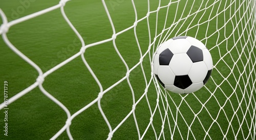 A soccer ball stuck in the goal net after a scored attempt