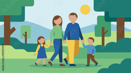 Happy family walking in a park, minimalist flat design illustration