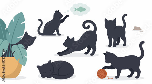 Collection of cute black cat silhouettes in various playful and calm poses