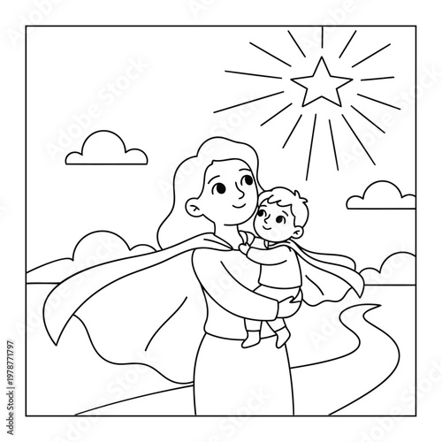 Superhero mother holding child under shining star in sky family coloring page