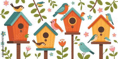 Colorful spring birdhouse collection with cute songbirds, blooming flowers, and green leaves in flat vector style isolated on white background