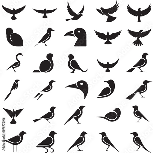 seagull, bird, silhouettes, flying, standing, collection, vector, illustration, animal, wildlife, icons, isolated, white, background, design, set, black, shape, nature, clipart