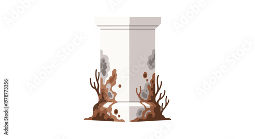 A square white architectural pedestal base is covered in thick brown and grey organic decay with sprouting root-like structures growing from the bottom.