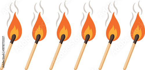 Set of burning matchstick illustrations with bright orange flames and smoke for fire safety energy heat and spark concept design