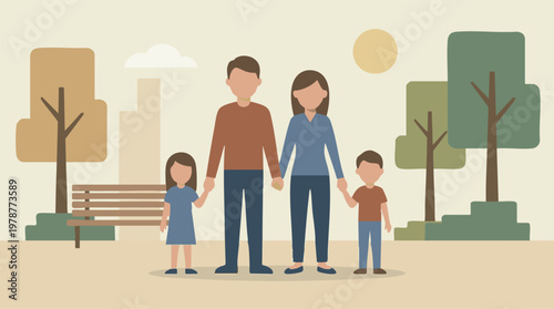 Modern flat design illustration of a family with two children in a park