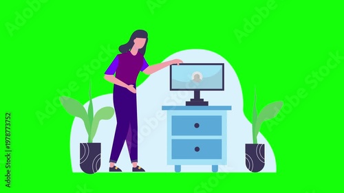Woman Working at Computer Desk with Plants, Office Workspace Scene, 2D Illustration Animation on Green Screen Background