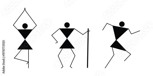 Warli tribal people illustration set, minimal geometric human figures ethnic art design, traditional stick figure cultural vector