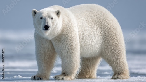 Large white mammal stands alertly on the frozen arctic surface under bright light
