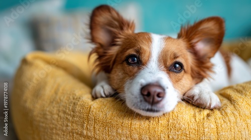 A serene dog with expressive eyes and fluffy ears lying on a soft, yellow cushion, exuding comfort and contentment, showcasing the bond between pets and their homes.