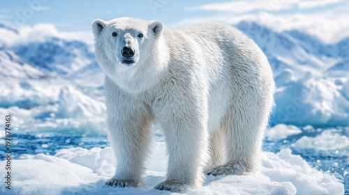 Majestic white bear stands firmly upon floating ice in a frigid arctic landscape